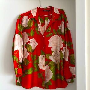 Zara red floral satin blouse. XL. Never worn—brand new with tags.